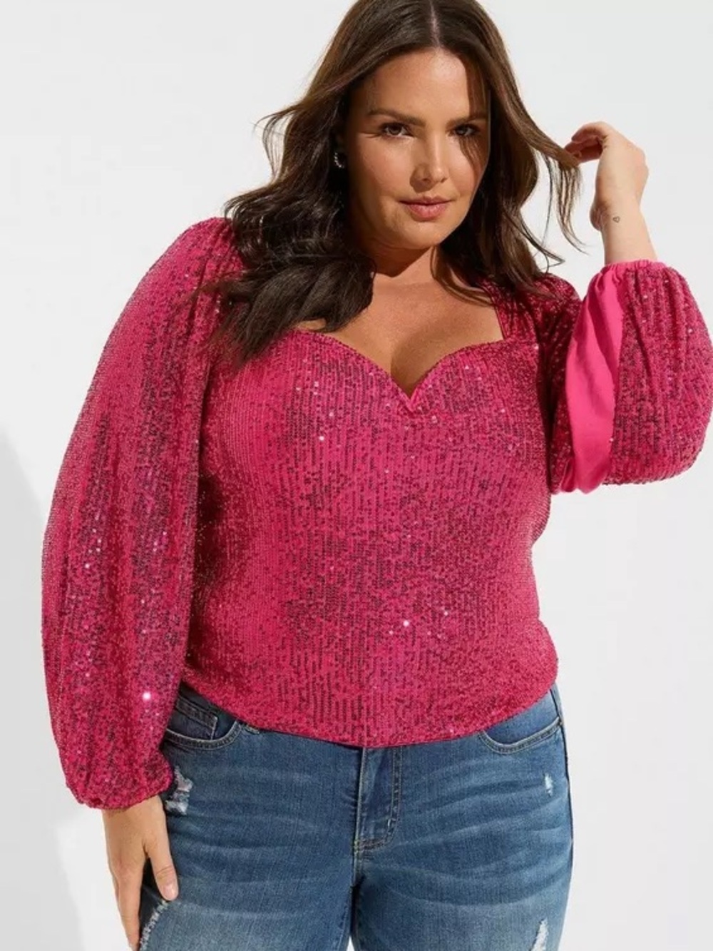 Torrid Hot Pink Chic Sequin Deep V-Neck Long Sleeve Party Blouse Plus Size 2X